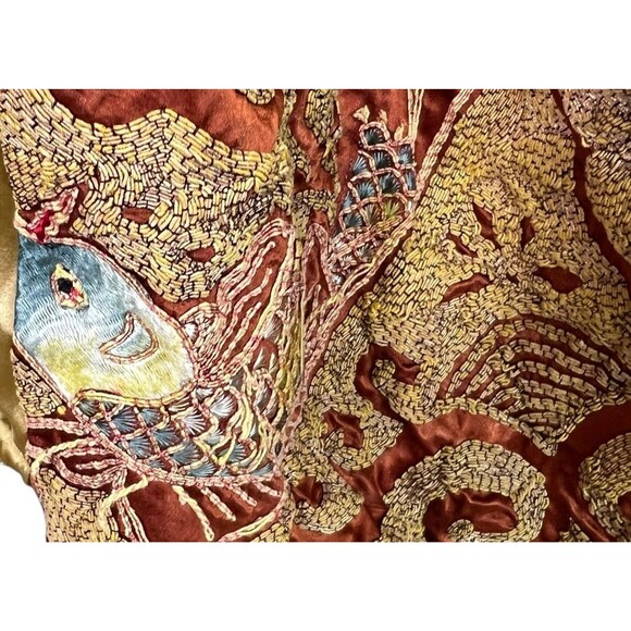 Antique Vintage Gold Silk Charmeuse Robe Opera Coat Gold Couching Embroidery O/S - Picture 7 of 16